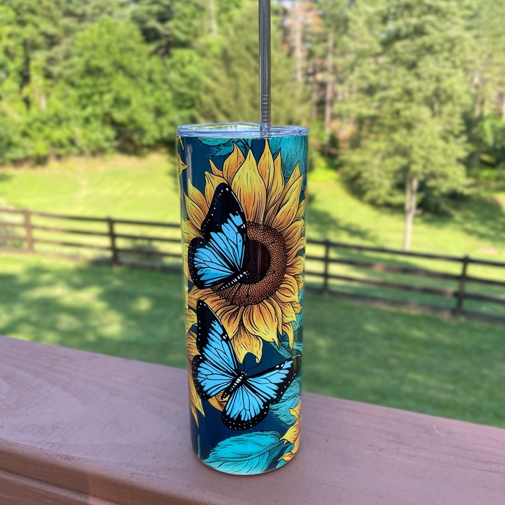 20 Oz Skinny Straight Tumbler - Sunflower and Butterflies
